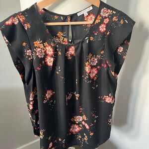 Crescent and Willow Black Floral Cap Sleeve Top with Red & Coral Blooms